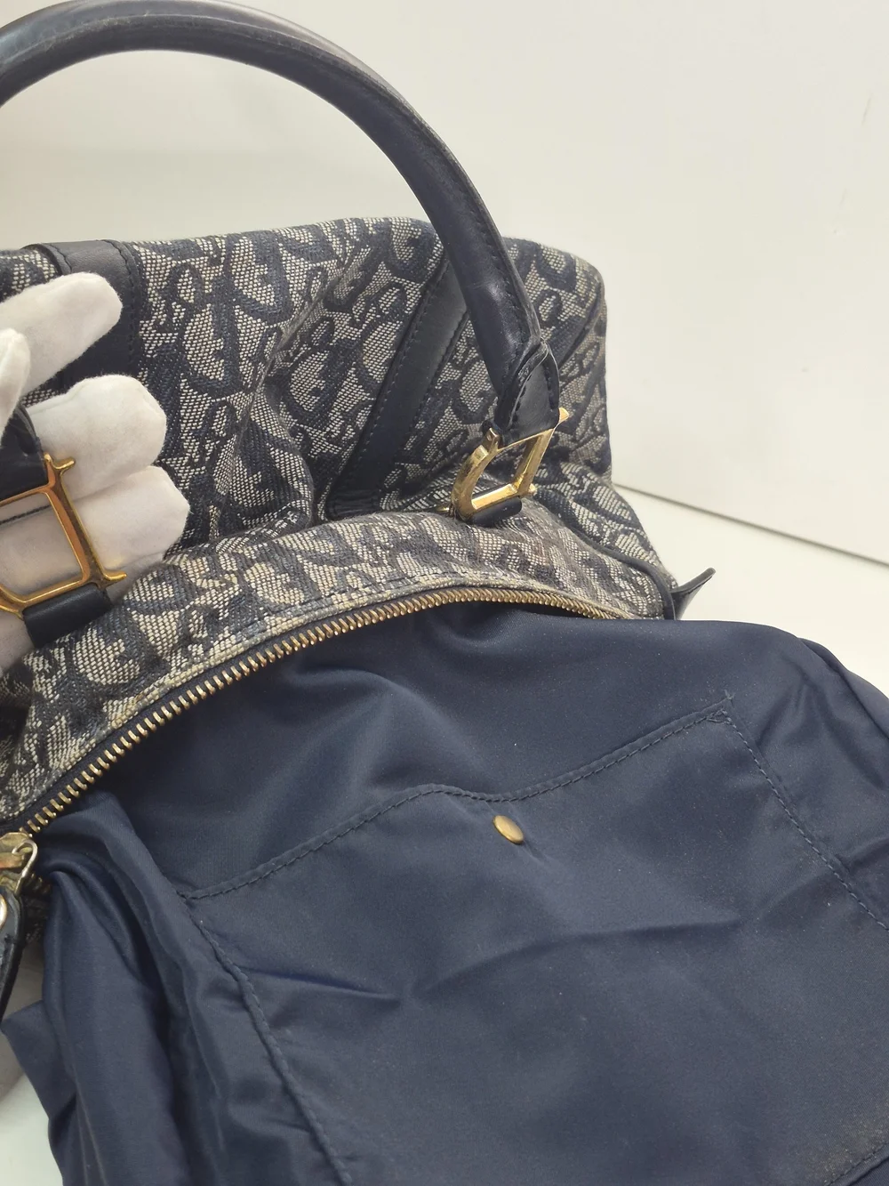 Dior Navy Monogram Canvas Satchel with Gold Hardware - Picture 8 of 13